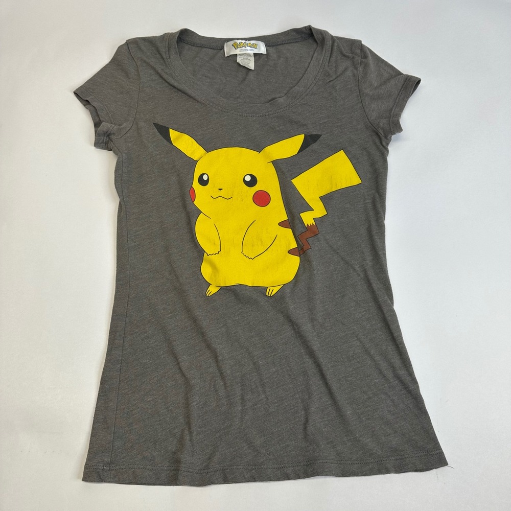 Pokemon Pikachu Double Sided Graphic T-Shirt Gray Scoop Neck Womens Medium 2013